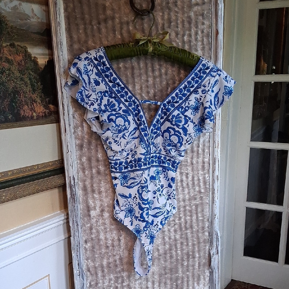 Elegant Blue and White Ruffle One-Piece Swimsuit